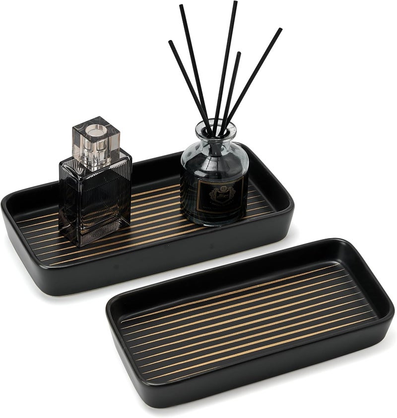 Pottify Bathroom Vanity Tray for Countertop,2PC Rectangle Striped Tray,Decorative Bathroom Organizer for Scrubber, Lotion Bottles, Perfume, Jewelry, Candle, Key Trinket Ring(Small,Black) - Image 1